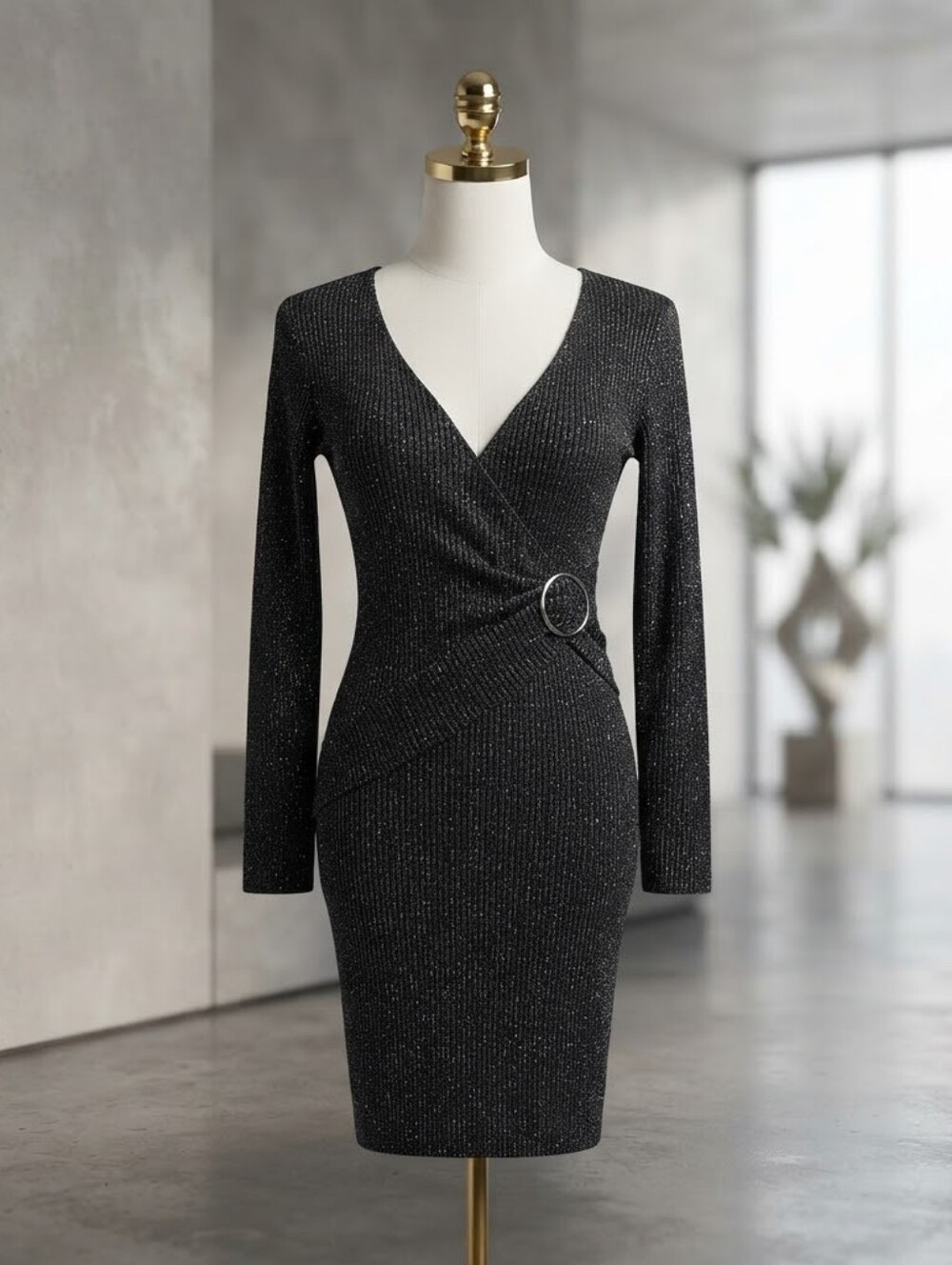 Absolutely Famous Elegant Black Sparkle Wrap Dress with Ring Detail